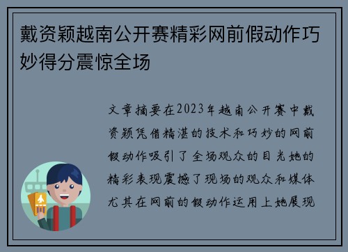 戴资颖越南公开赛精彩网前假动作巧妙得分震惊全场
