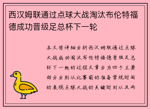 西汉姆联通过点球大战淘汰布伦特福德成功晋级足总杯下一轮 西汉姆联通过点球大战淘汰布伦特福德成功晋级足总杯下一轮